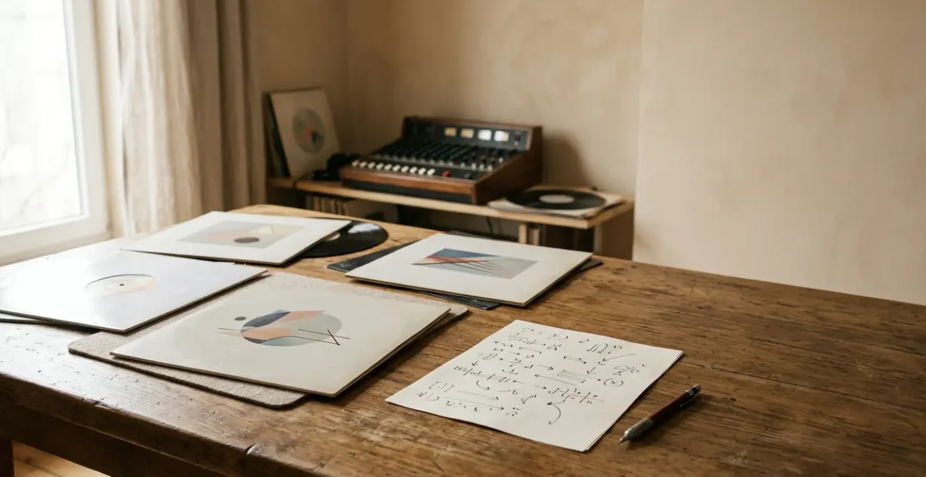 Professional music producer arranging vinyl records and notes to create the perfect album sequence in a creative studio environment