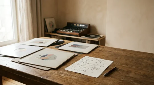 Professional music producer arranging vinyl records and notes to create the perfect album sequence in a creative studio environment