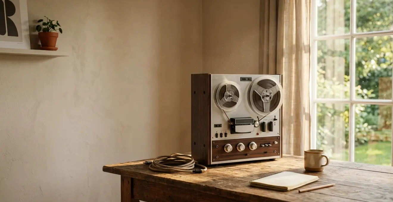 Professional home studio setup showcasing vintage analog tape aesthetic merged with modern digital recording equipment
