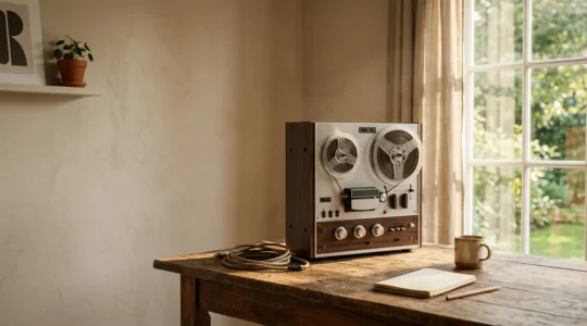 Professional home studio setup showcasing vintage analog tape aesthetic merged with modern digital recording equipment