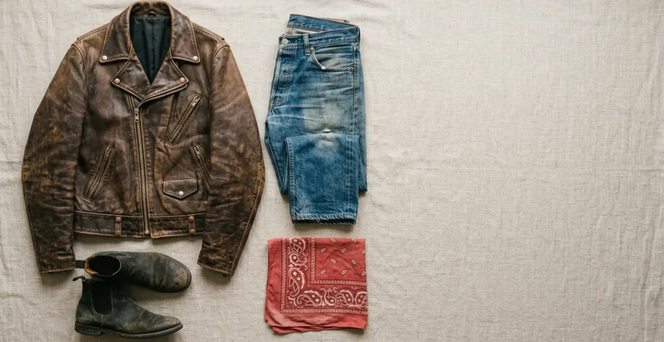 Vintage 1970s rock clothing featuring worn denim jeans and weathered leather jacket displayed in natural light