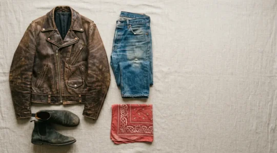 Vintage 1970s rock clothing featuring worn denim jeans and weathered leather jacket displayed in natural light
