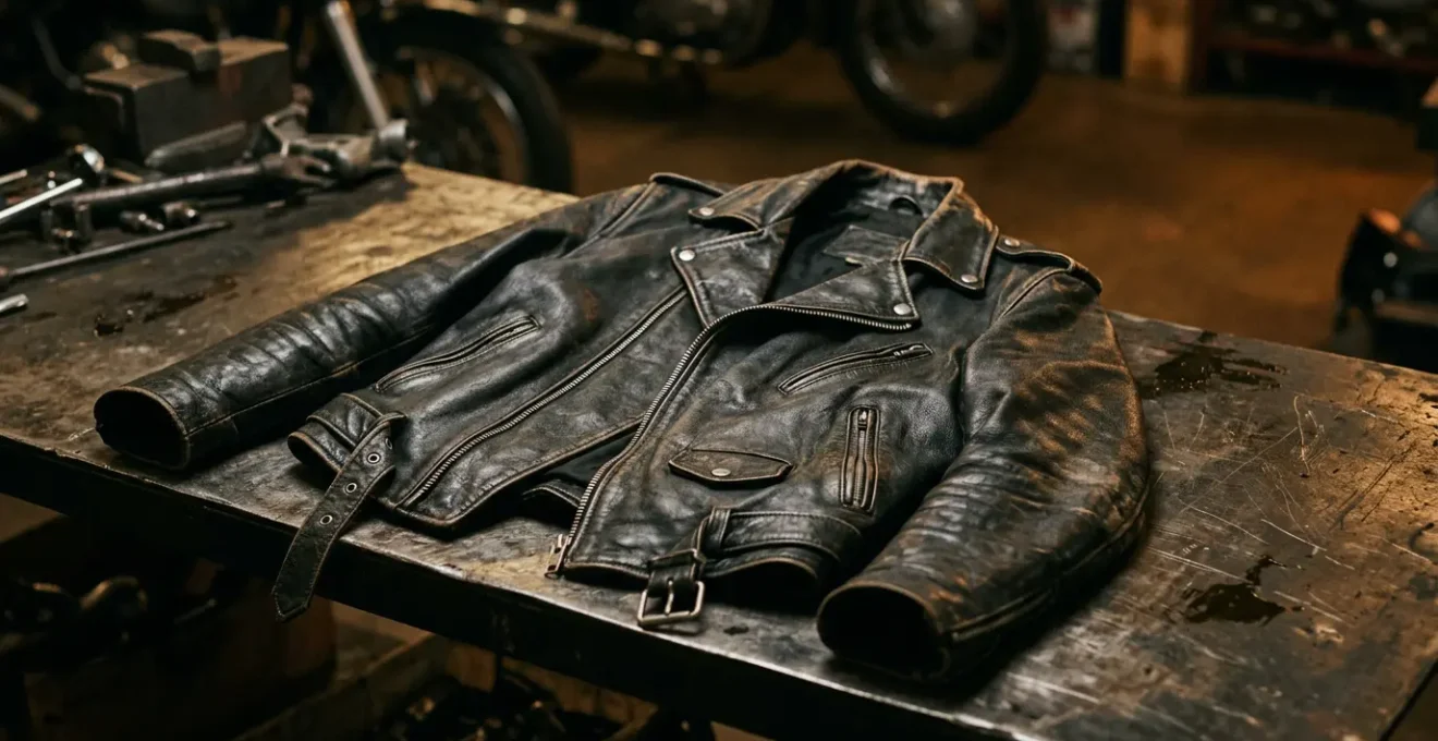 Close-up of a vintage leather biker jacket showing natural patina and wear patterns, draped naturally with dramatic lighting