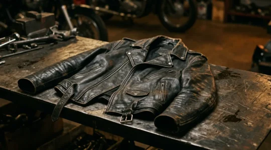 Close-up of a vintage leather biker jacket showing natural patina and wear patterns, draped naturally with dramatic lighting