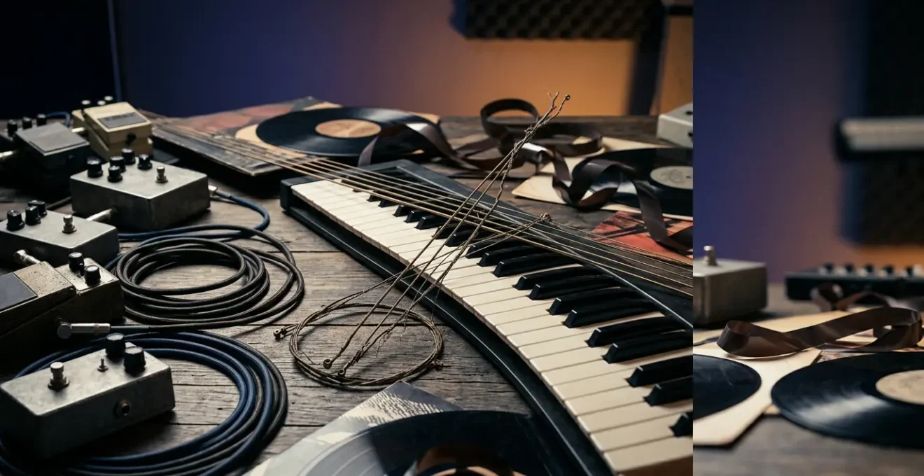 Abstract creative composition showing the fusion of experimental and melodic rock music elements through color and texture