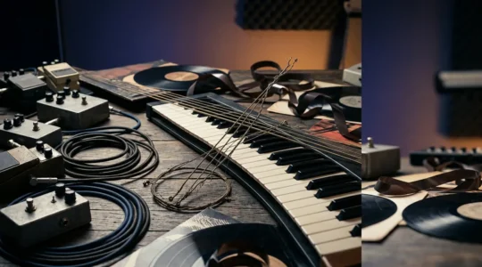 Abstract creative composition showing the fusion of experimental and melodic rock music elements through color and texture