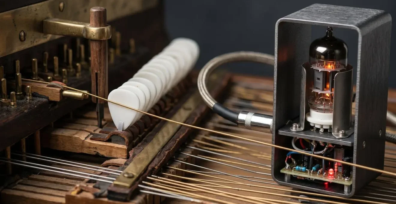 Close-up of harpsichord strings and plectra mechanism merging with electric guitar elements in dramatic editorial lighting