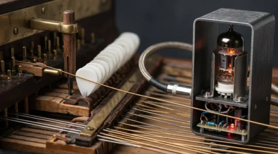 Close-up of harpsichord strings and plectra mechanism merging with electric guitar elements in dramatic editorial lighting
