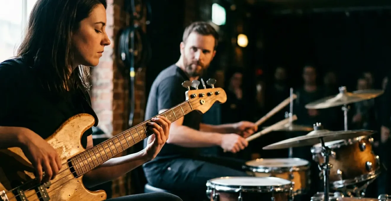 Bass player and drummer synchronizing rhythmic foundation in studio setting
