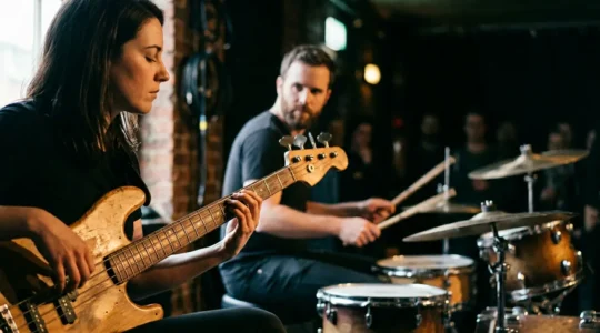 Bass player and drummer synchronizing rhythmic foundation in studio setting
