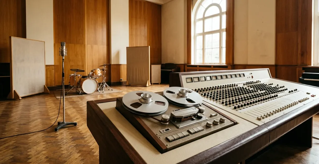 Vintage recording studio with limited four-track equipment symbolizing creative constraints