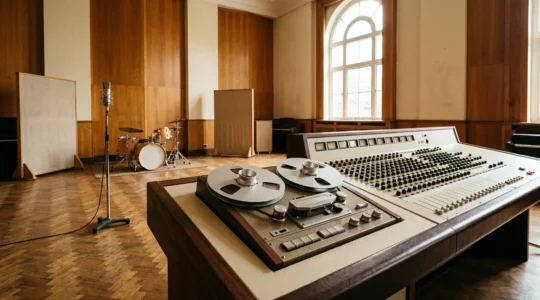 Vintage recording studio with limited four-track equipment symbolizing creative constraints
