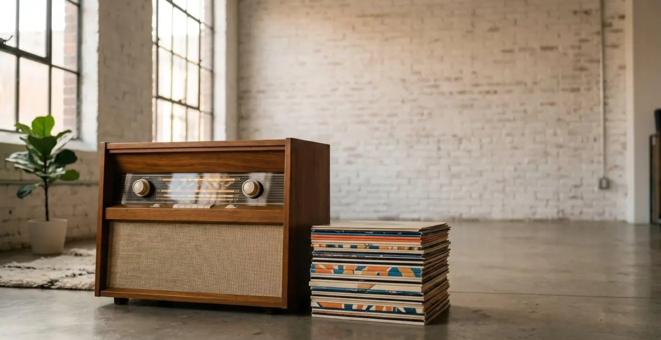 Vintage radio and vinyl records capturing the timeless appeal of classic rock music