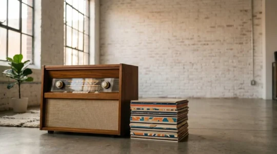 Vintage radio and vinyl records capturing the timeless appeal of classic rock music