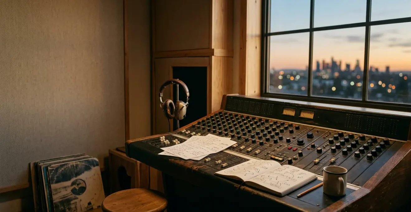 A musician's creative workspace showing analog recording equipment with warm vintage lighting and atmospheric depth