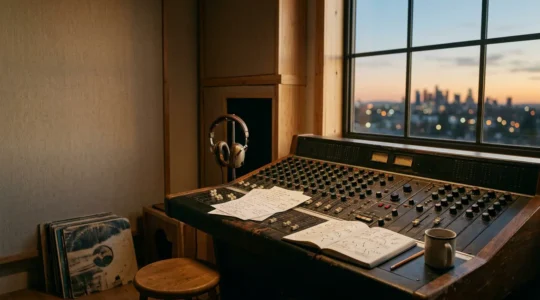 A musician's creative workspace showing analog recording equipment with warm vintage lighting and atmospheric depth