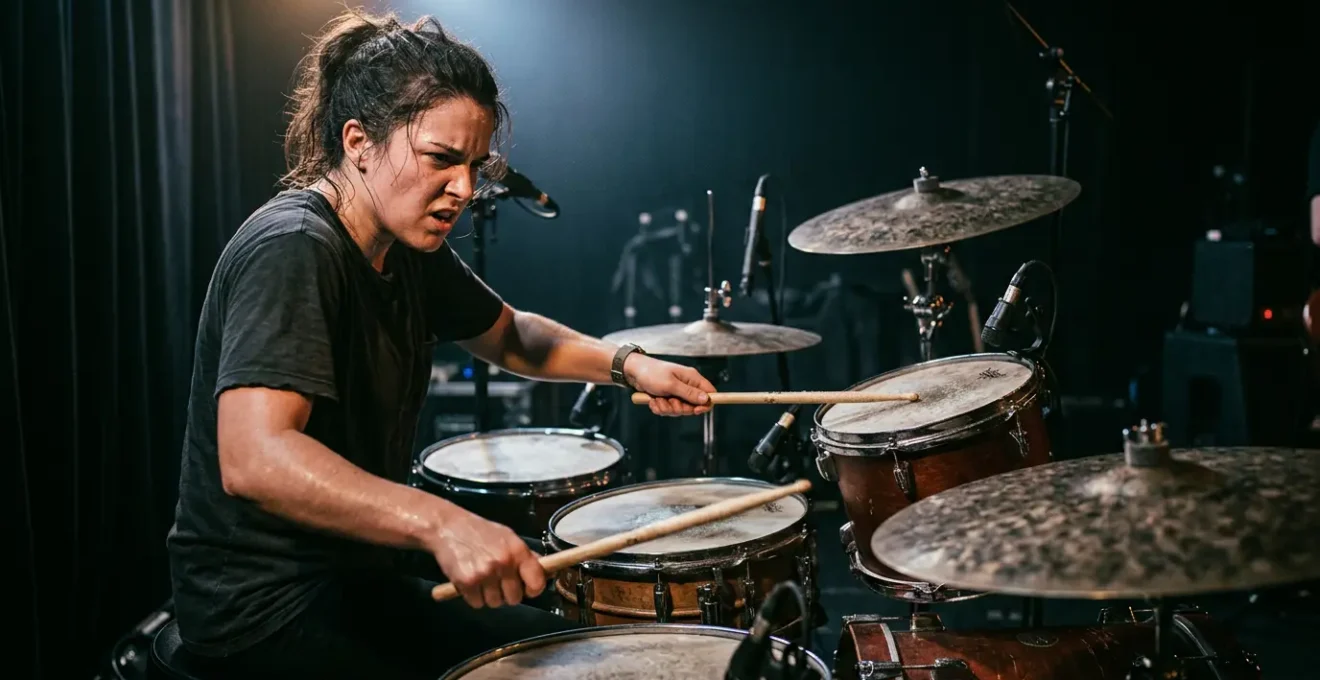 Drummer mid-performance executing a musical drum fill with focused expression and controlled technique