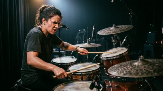 Drummer mid-performance executing a musical drum fill with focused expression and controlled technique