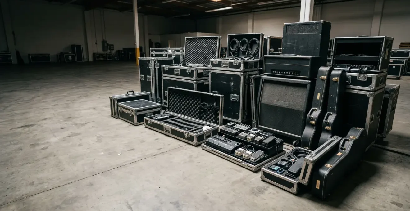 Professional touring musician's equipment setup featuring organized gear arrangement in preparation for road performance