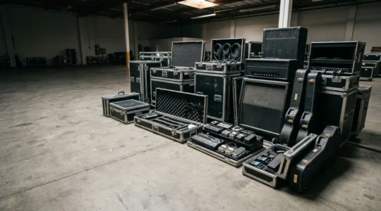 Professional touring musician's equipment setup featuring organized gear arrangement in preparation for road performance