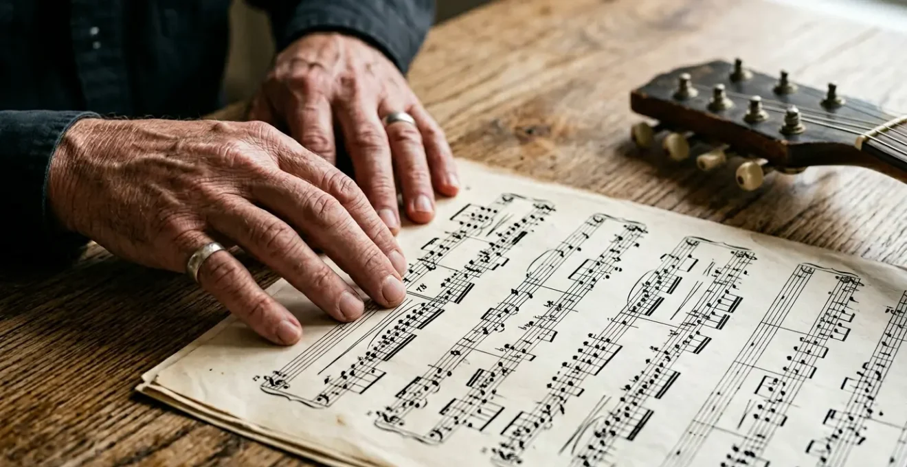 A musician's hands gently exploring a complex musical score with layered notations and rhythmic patterns