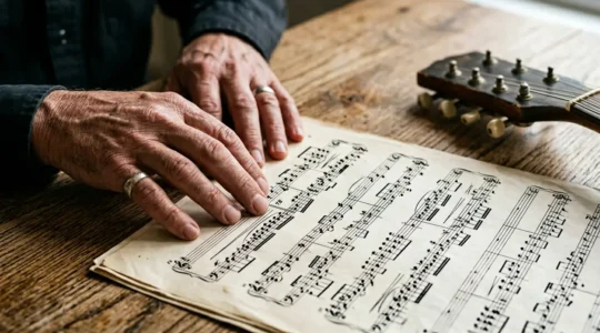 A musician's hands gently exploring a complex musical score with layered notations and rhythmic patterns