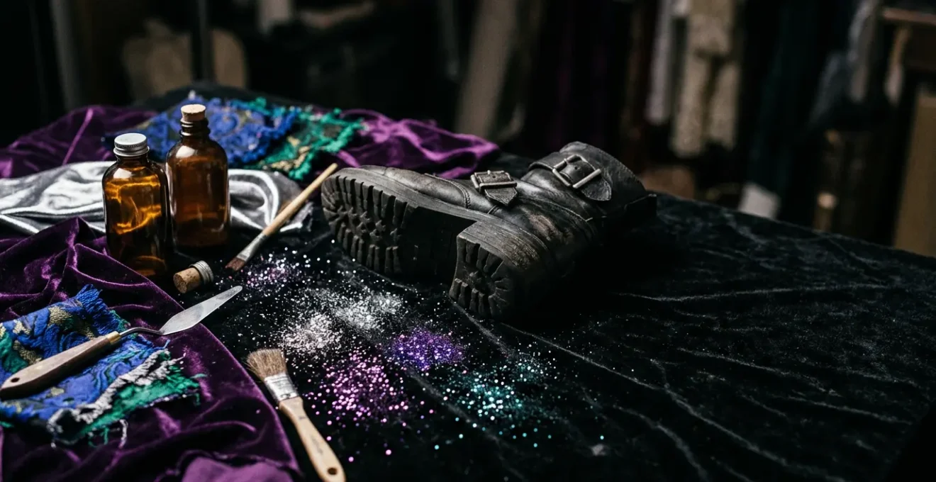 Glam rock stage performer crafting DIY costume with glitter and fabric under dramatic lighting