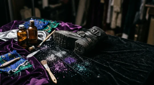 Glam rock stage performer crafting DIY costume with glitter and fabric under dramatic lighting