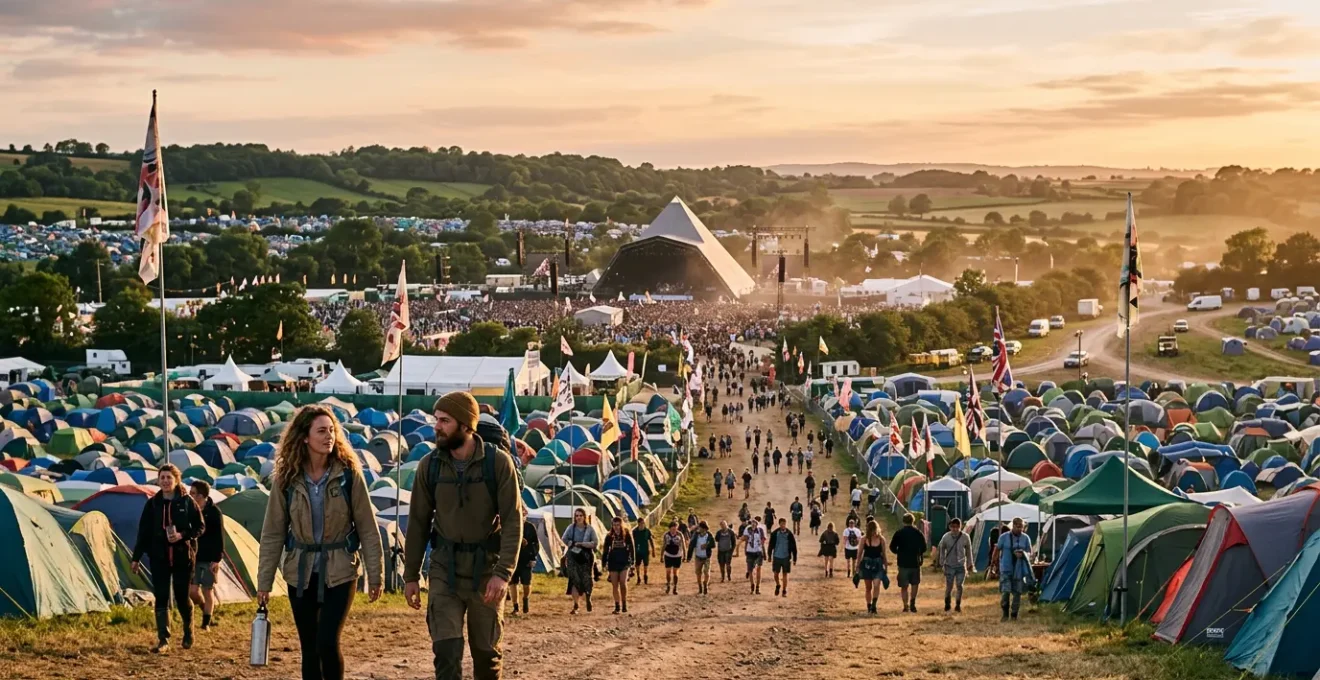 Wide angle aerial view of festival crowd at major outdoor music venue showing logistics and crowd planning