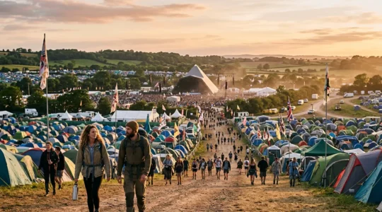 Wide angle aerial view of festival crowd at major outdoor music venue showing logistics and crowd planning