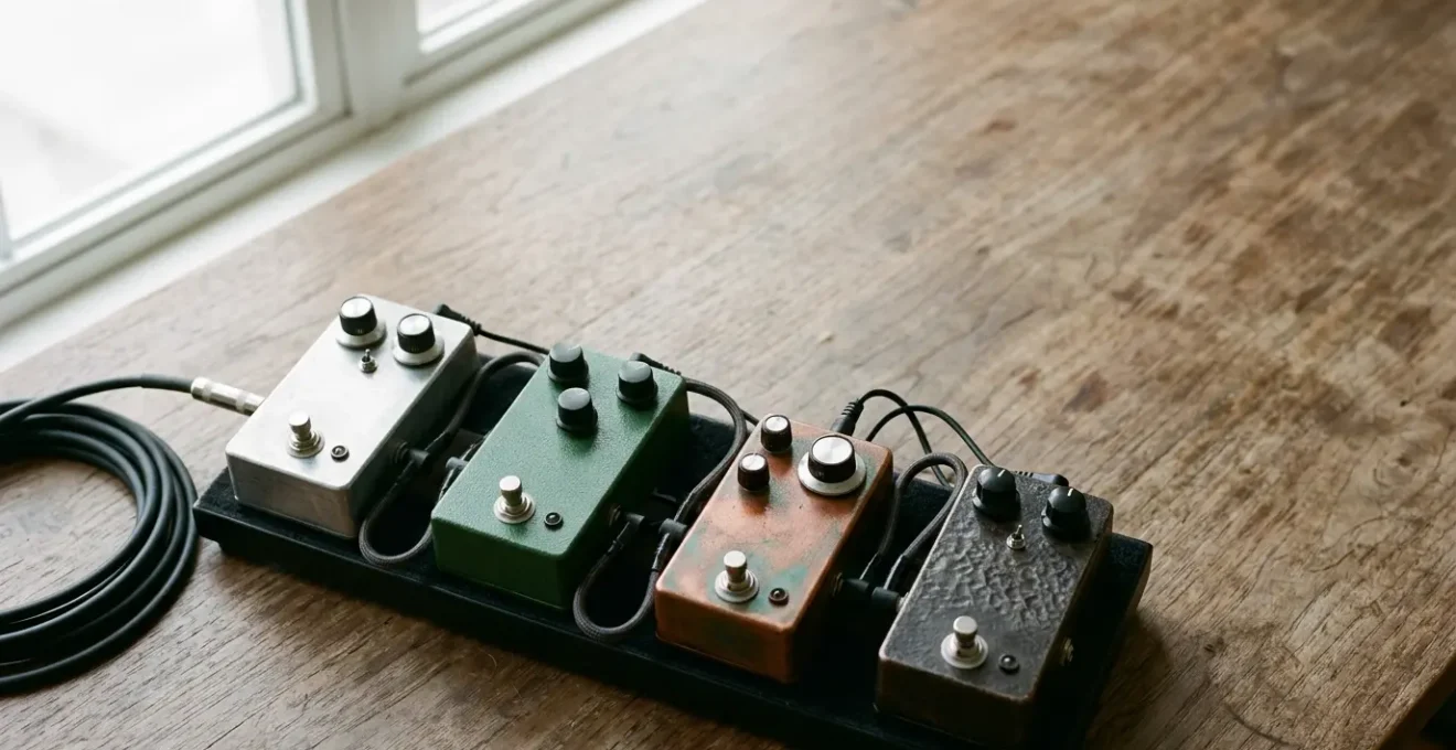 Professional guitar pedalboard with overdrive and distortion pedals arranged in optimal signal chain order