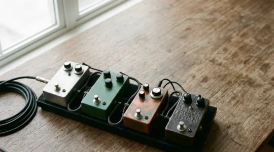 Professional guitar pedalboard with overdrive and distortion pedals arranged in optimal signal chain order