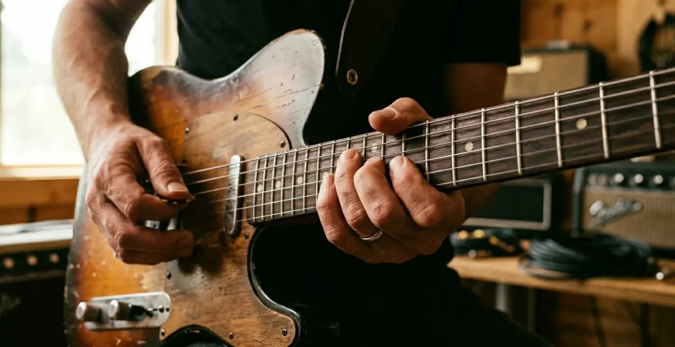 Close-up of guitarist's hands creating a riff on electric guitar fretboard in natural studio lighting