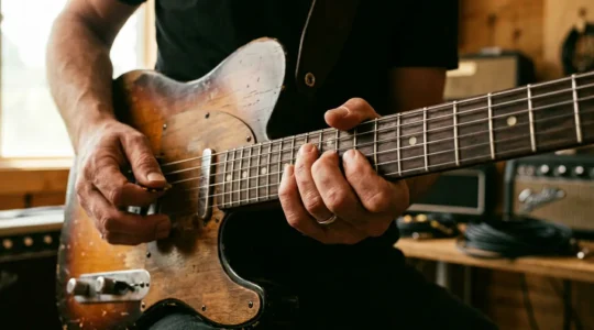 Close-up of guitarist's hands creating a riff on electric guitar fretboard in natural studio lighting
