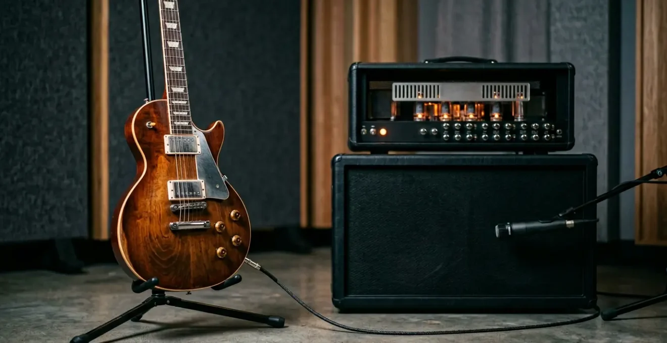 Professional studio scene showing electric guitar amplifier and pedal setup with dramatic lighting capturing sonic intensity