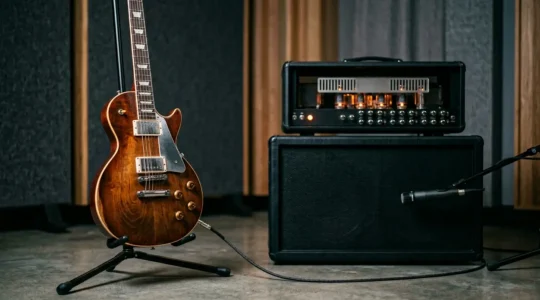 Professional studio scene showing electric guitar amplifier and pedal setup with dramatic lighting capturing sonic intensity