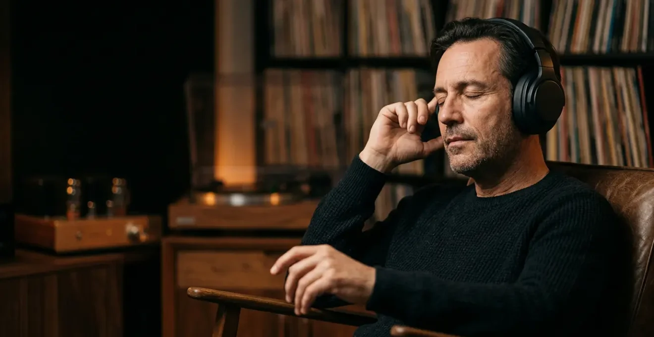 Immersive concept album listening experience with headphones in intimate studio environment