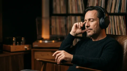 Immersive concept album listening experience with headphones in intimate studio environment