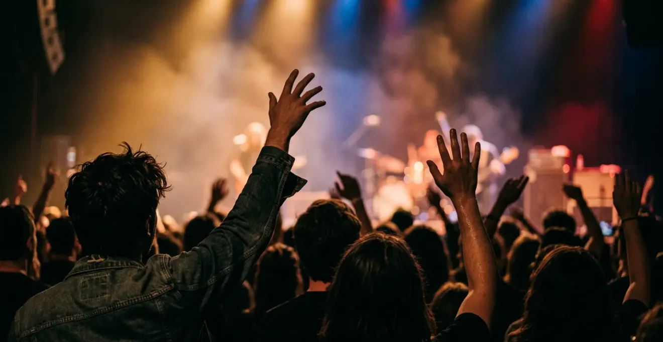 Energetic indie rock concert scene with engaged audience in intimate venue