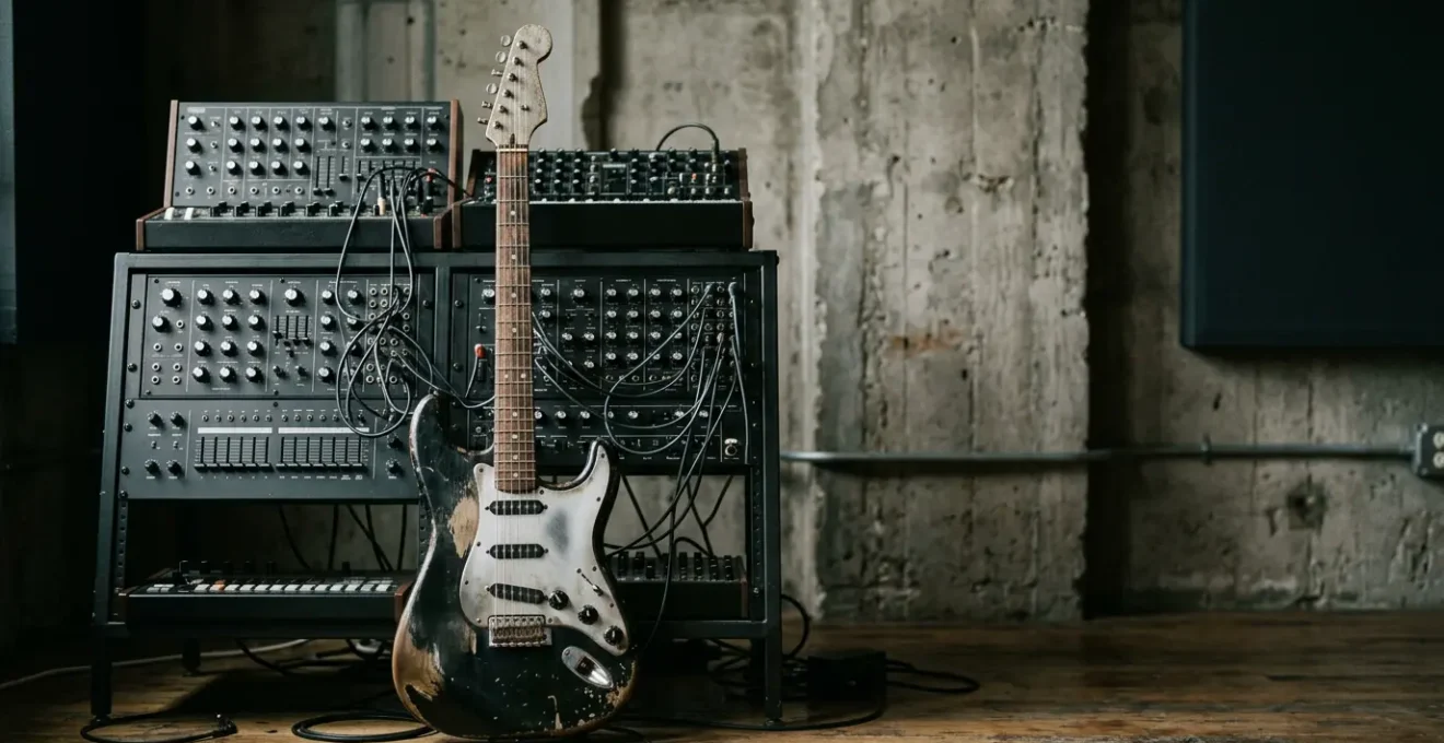 Industrial music production setup blending distorted guitars with electronic sequencing equipment