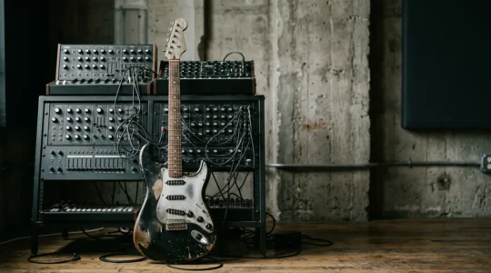 Industrial music production setup blending distorted guitars with electronic sequencing equipment