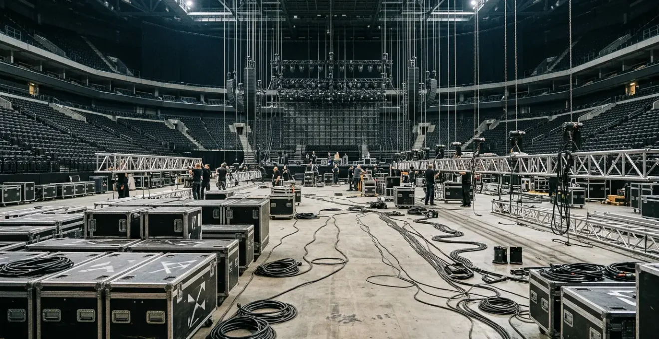 Behind-the-scenes view of touring production revealing complex technical requirements and logistical systems