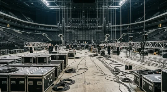 Behind-the-scenes view of touring production revealing complex technical requirements and logistical systems