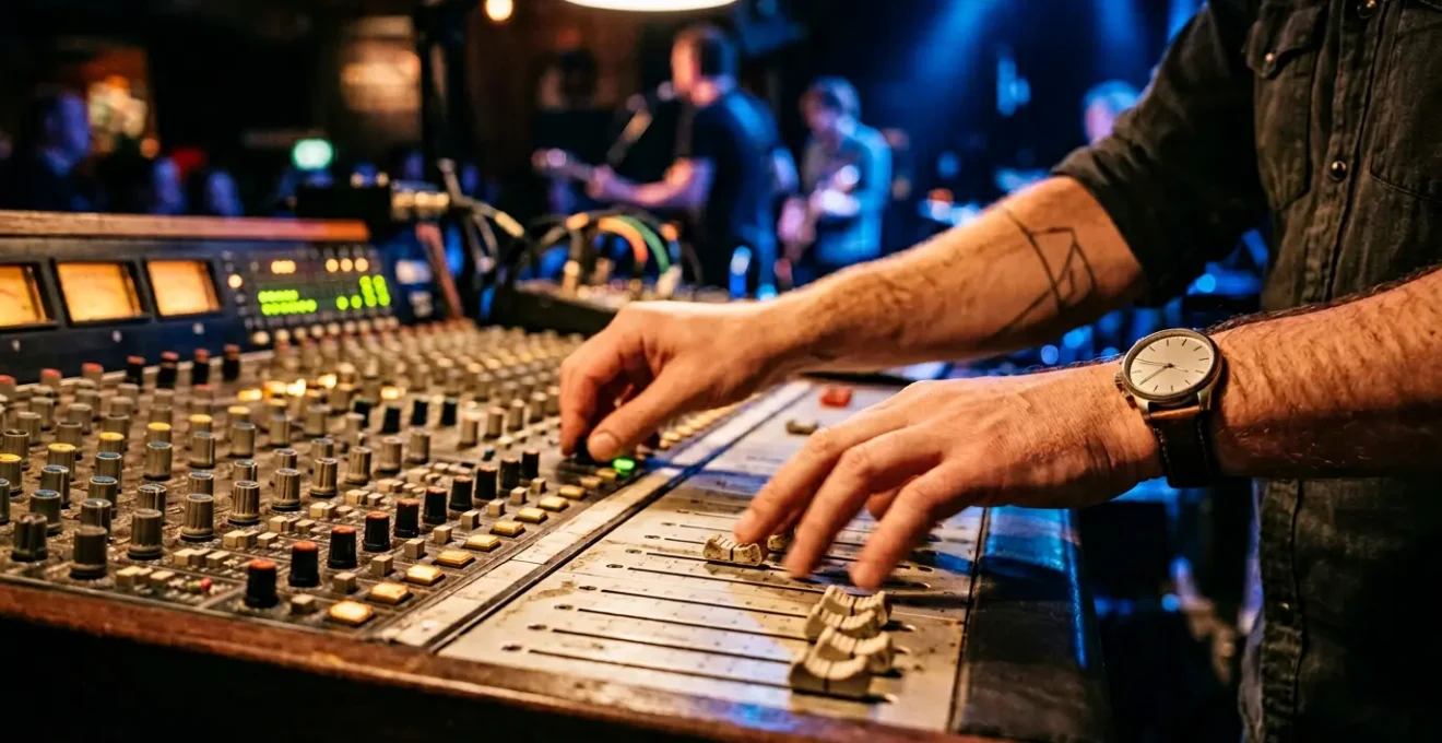 Professional audio engineer performing a live mix on an analog mixing console with hands on faders