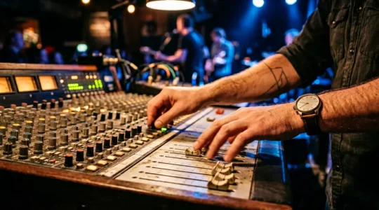 Professional audio engineer performing a live mix on an analog mixing console with hands on faders