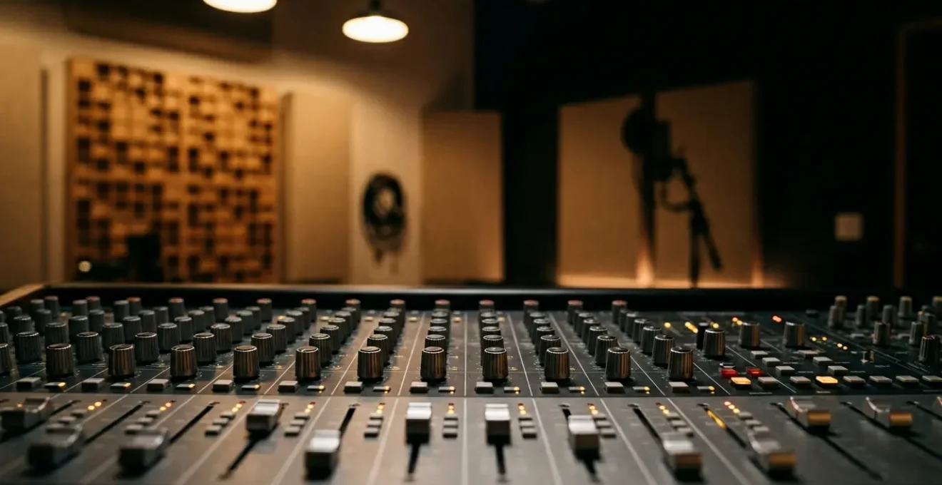 Professional audio engineer working at a mixing console in a modern recording studio with warm ambient lighting and focused attention on technical details