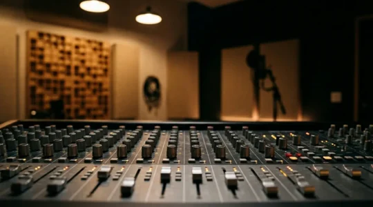 Professional audio engineer working at a mixing console in a modern recording studio with warm ambient lighting and focused attention on technical details