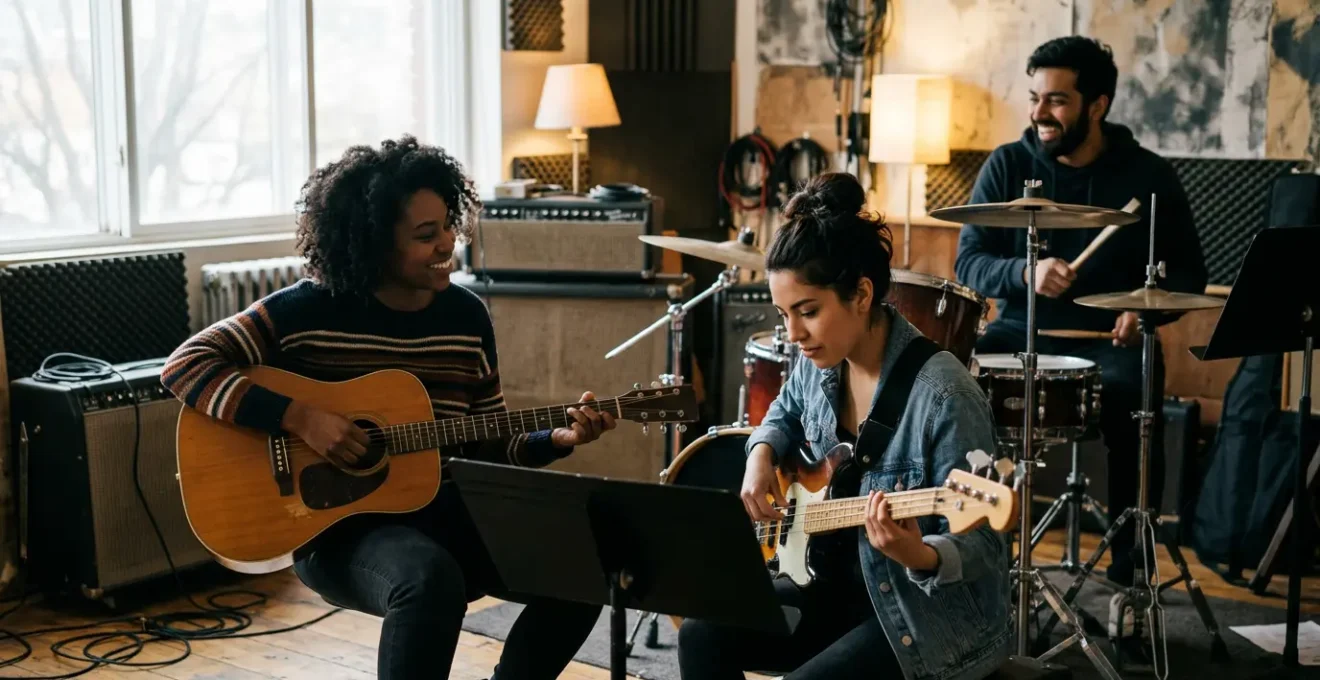 Musicians engaged in collaborative jam session showing non-verbal communication and musical synergy