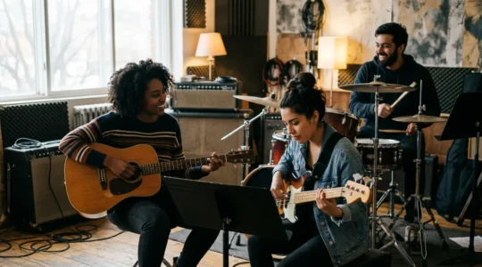 Musicians engaged in collaborative jam session showing non-verbal communication and musical synergy