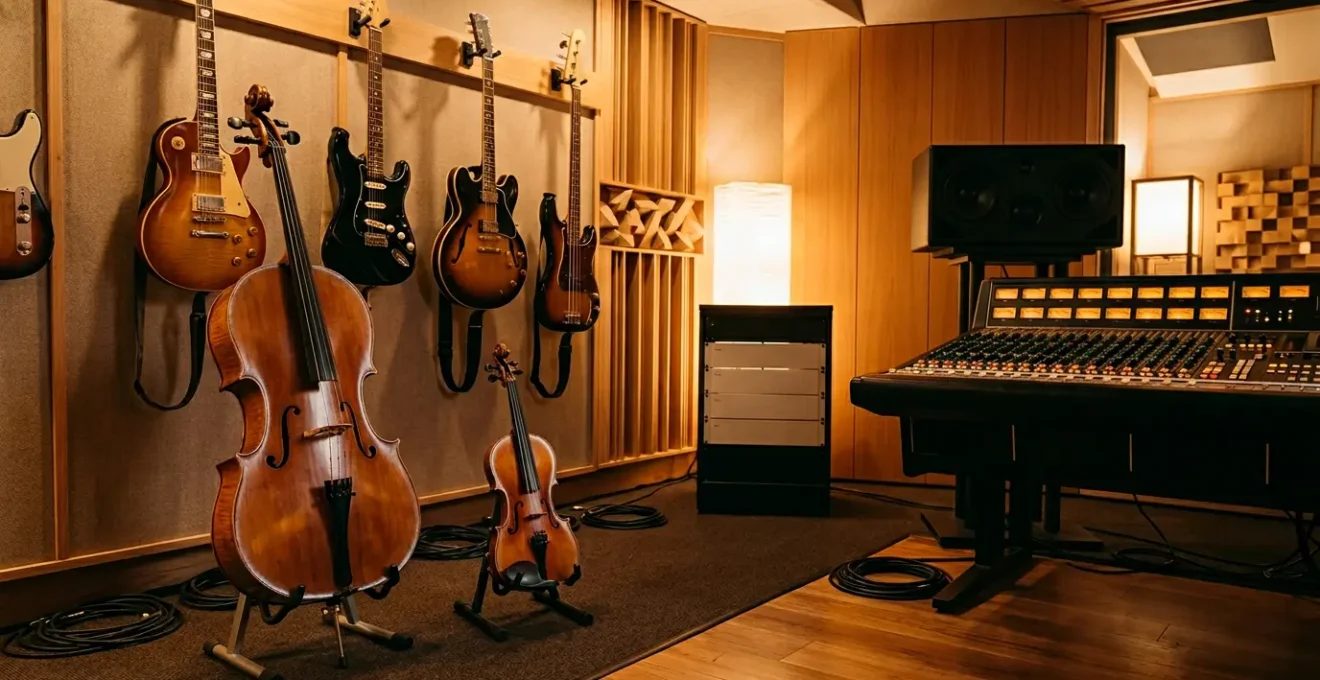 Professional music production studio with string instruments and electric guitars arranged for recording session